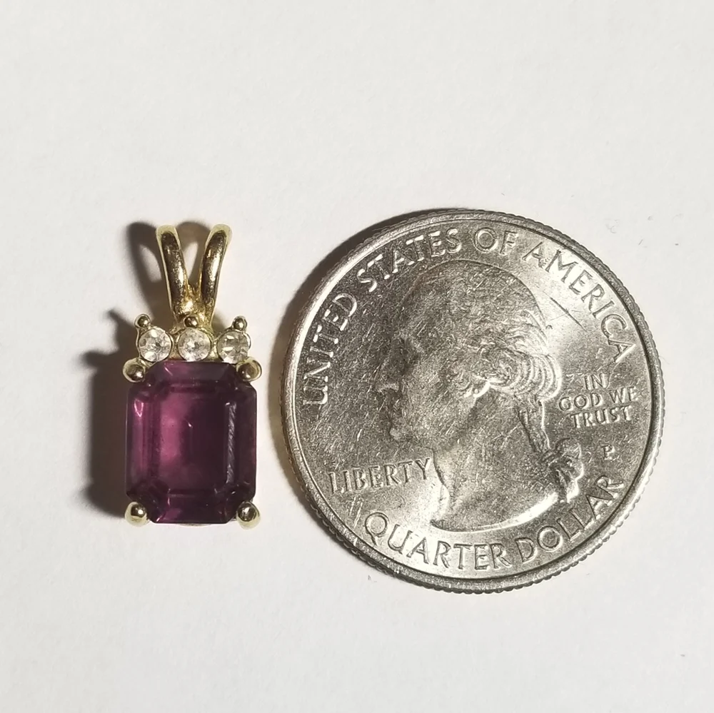 Purple gem pendant gold tone tiny dainty rectangular vintage